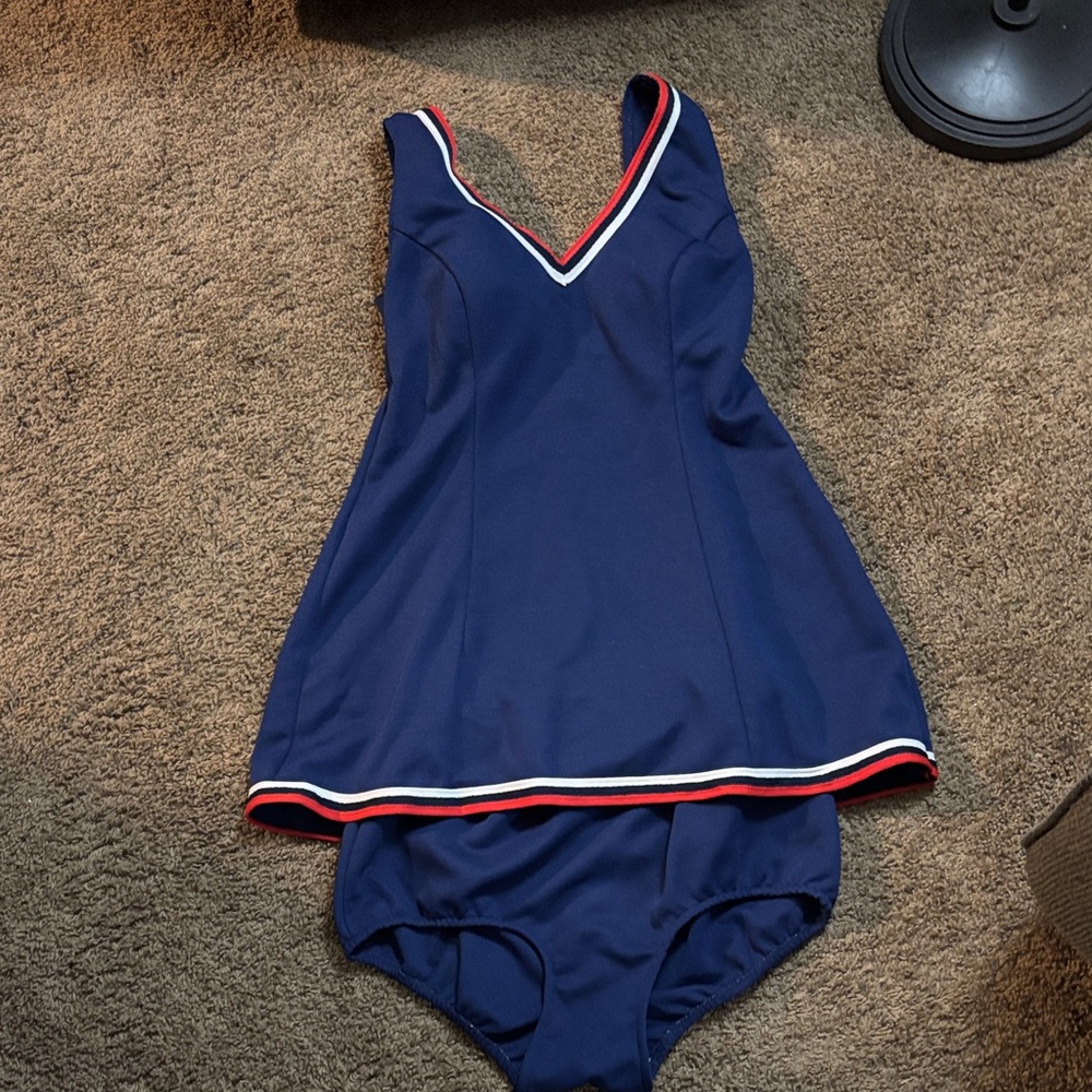Vintage Navy Blue Swimsuit with Red and White Trim size 16 100% polyester